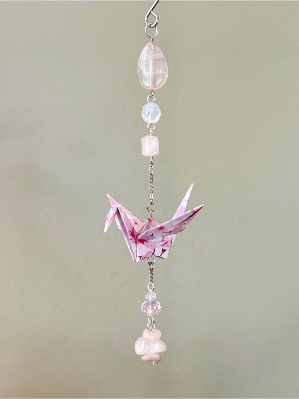 Origami Ornament #2443 - Small Crane with Glass and Rose Quartz Beads